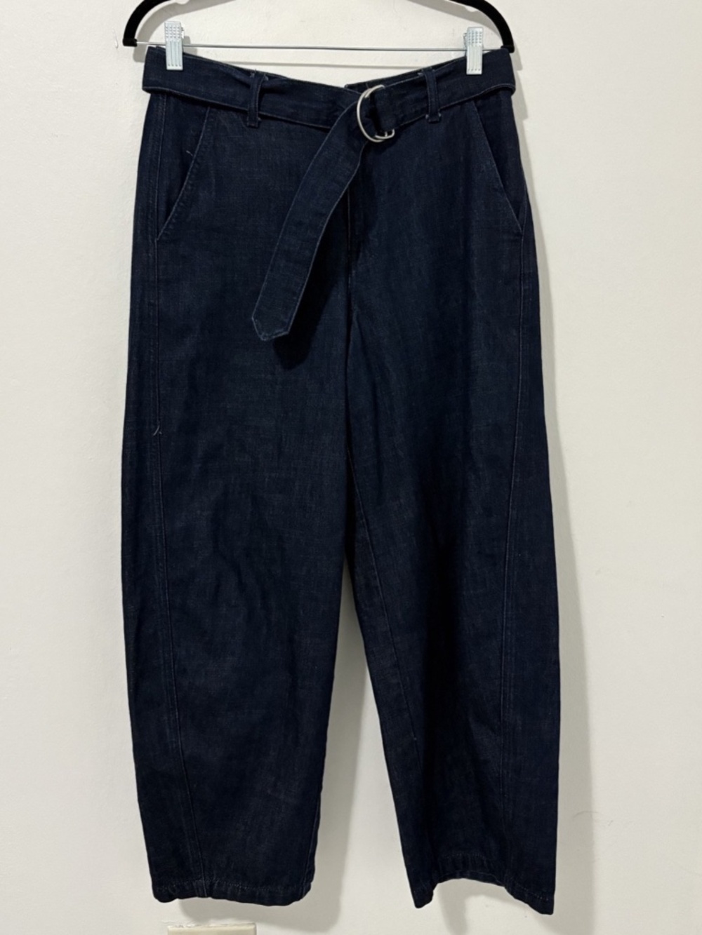 Zara High Waist Dark Wash Denim Trousers w/ Belt Wide Leg Cropped Jeans Size 30